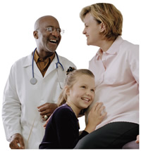 pregnant mom with daughter and family doctor