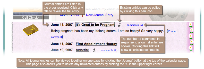 A journal is available within the calendar which shows entries and comments.
