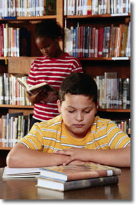 kids reading, library, studying